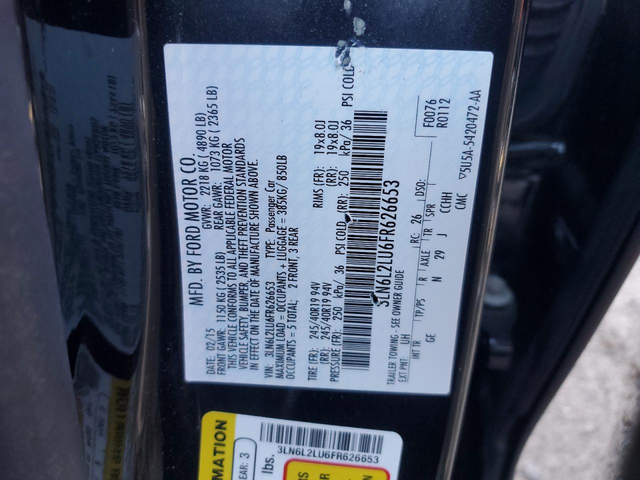 2015 Lincoln MKZ VIN 3LN6L2LU6FR626653 Copart auction photo, side damage thumbnail 13