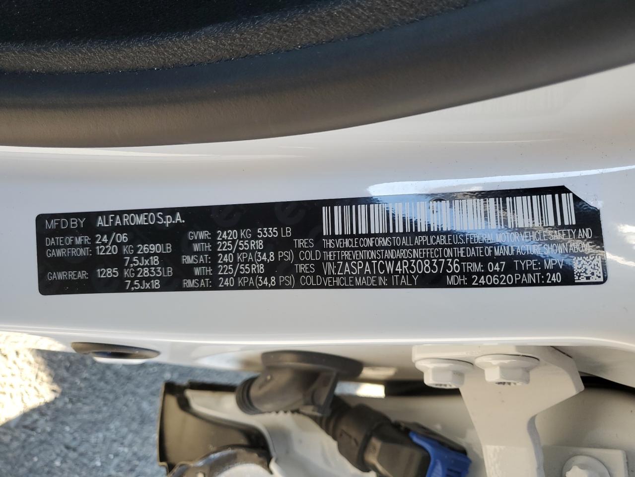 2024 Alfa Romeo Tonale VIN ZASPATCW4R3083736 Copart auction photo, rear end / minor dent/scratches damage thumbnail 14