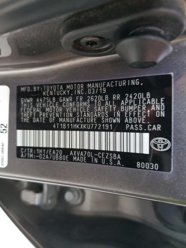 2019 Toyota Camry VIN 4T1B11HKXKU772191 Copart auction photo, side / rear end damage thumbnail 13
