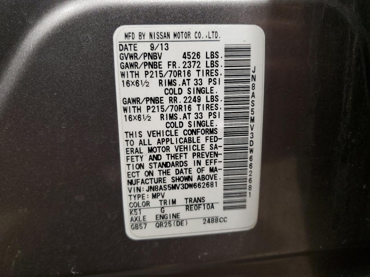 2013 Nissan Rogue VIN JN8AS5MV3DW662681 Copart auction photo, side damage thumbnail 12