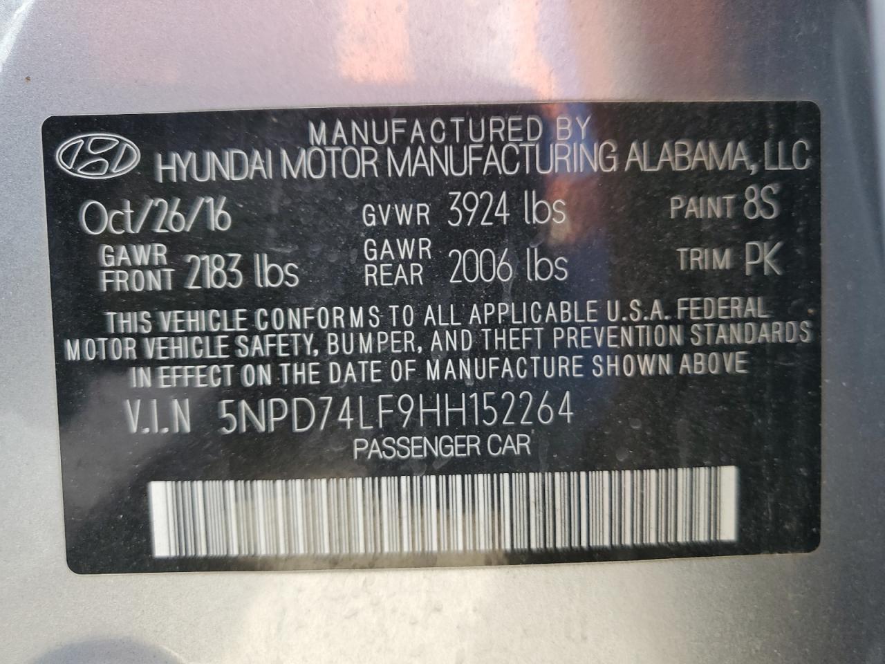 2017 Hyundai Elantra VIN 5NPD74LF9HH152264 Copart auction photo, front end / rear end damage thumbnail 12