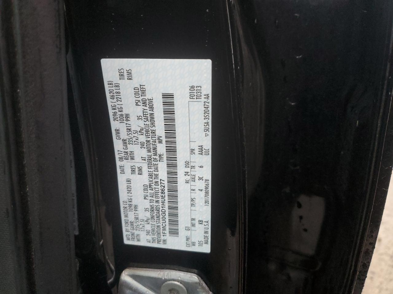 2017 Ford Escape VIN 1FMCU0GD1HUE86277 Copart auction photo, front end / rollover damage thumbnail 13