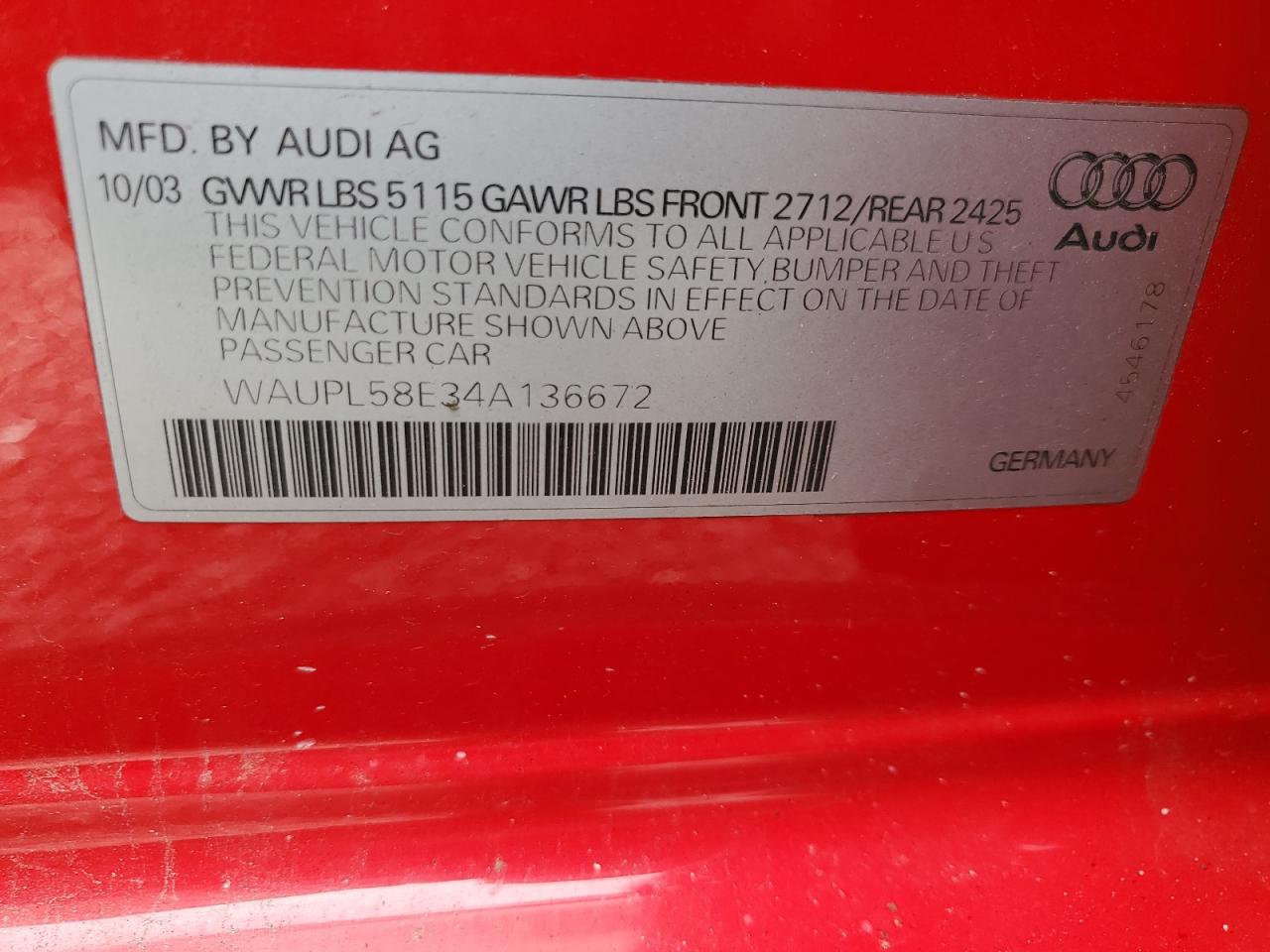 2004 Audi RS4 VIN WAUPL58E34A136672 Copart auction photo, front end damage thumbnail 14