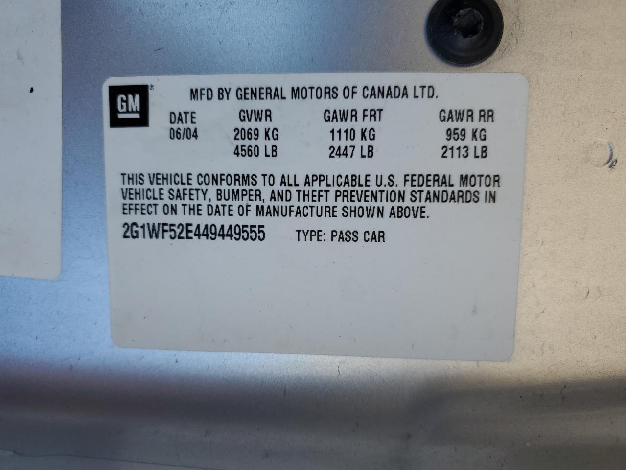 2004 Chevrolet Impala VIN 2G1WF52E449449555 Copart auction photo, front end / rear end damage thumbnail 12