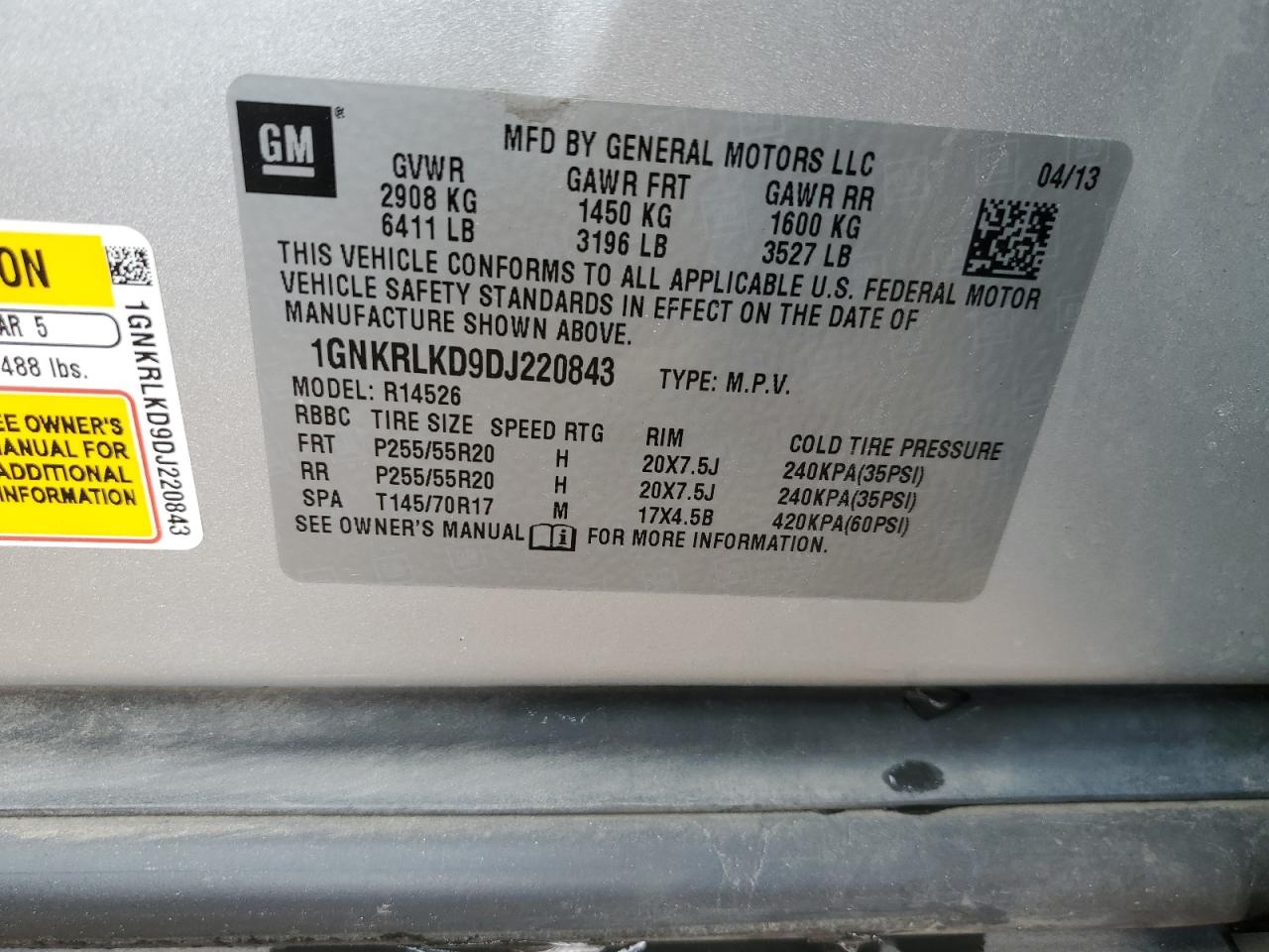 2013 Chevrolet Traverse VIN 1GNKRLKD9DJ220843 Copart auction photo, front end / side damage thumbnail 13