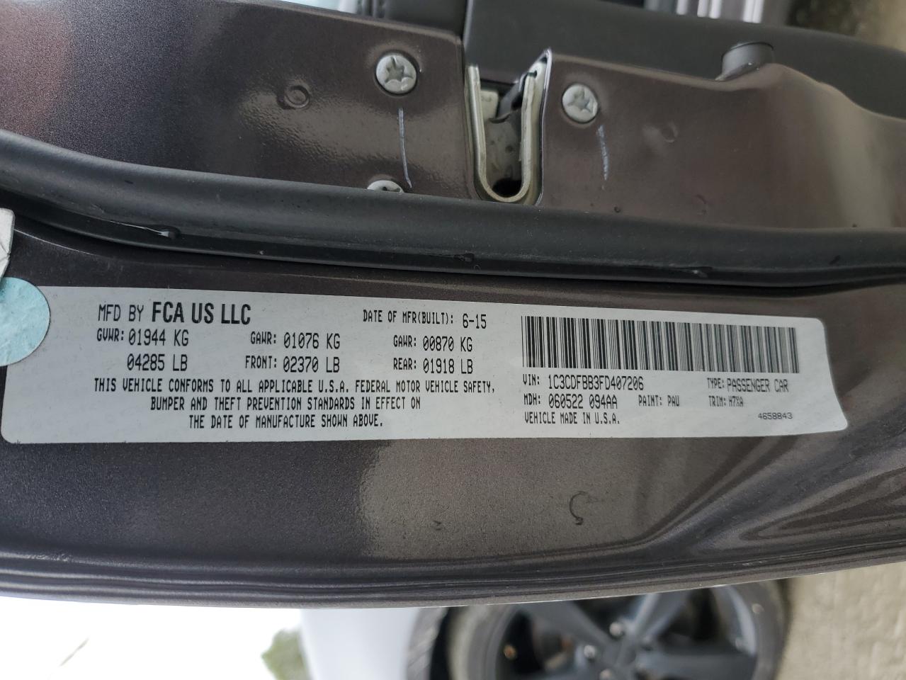 2015 Dodge Dart VIN 1C3CDFBB3FD407206 Copart auction photo, side / rear end damage thumbnail 12