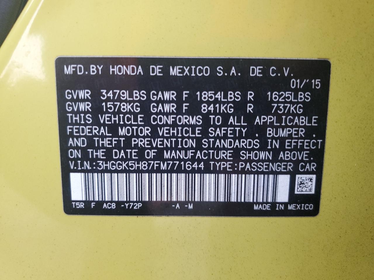 2015 Honda Fit VIN 3HGGK5H87FM771644 Copart auction photo, top/roof damage thumbnail 12