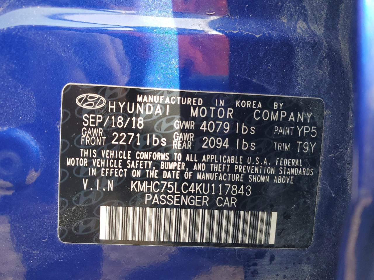 2019 Hyundai IONIQ VIN KMHC75LC4KU117843 Copart auction photo, front end damage thumbnail 12