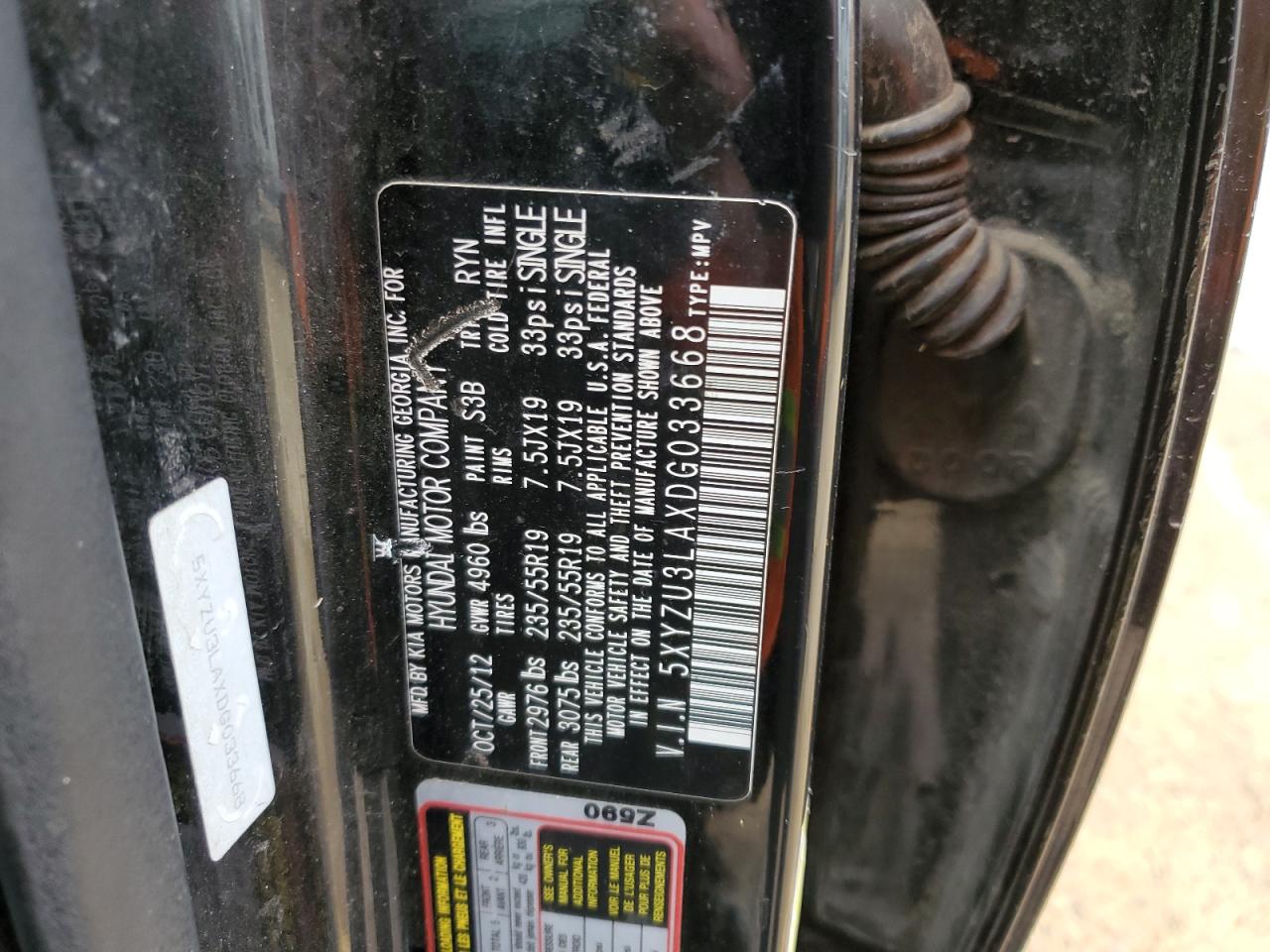 2013 Hyundai Santa Fe VIN 5XYZU3LAXDG033668 Copart auction photo, all over damage thumbnail 14