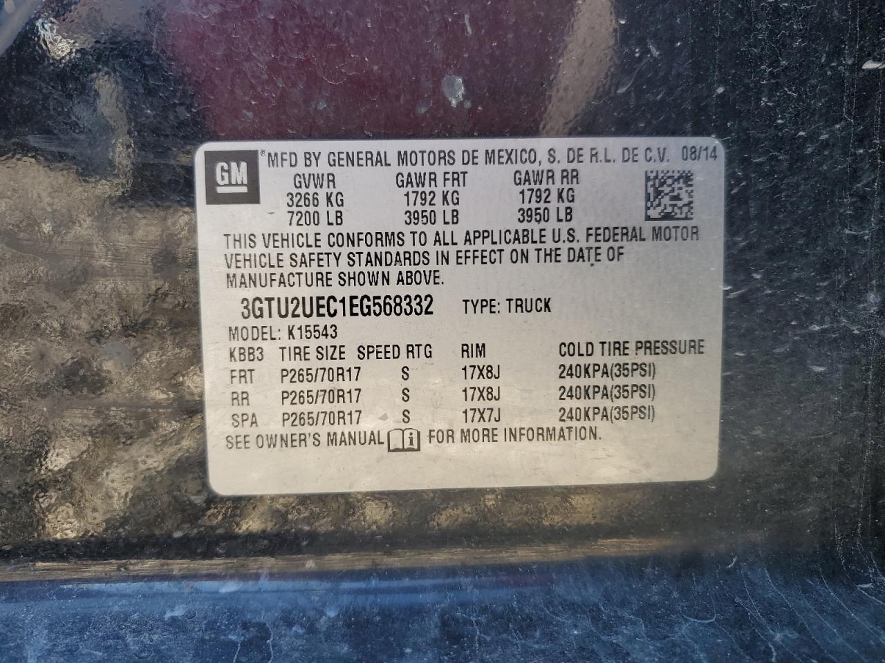 2014 GMC Sierra VIN 3GTU2UEC1EG568332 Copart auction photo, side damage thumbnail 12