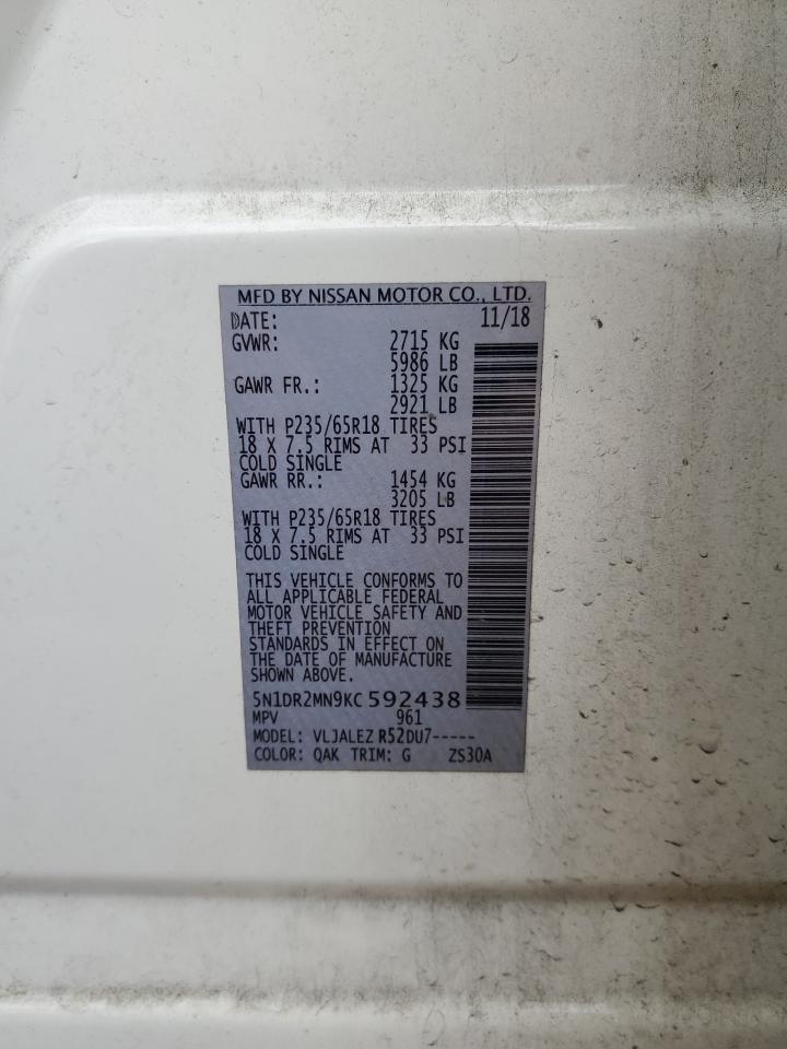 2019 Nissan Pathfinder VIN 5N1DR2MN9KC592438 Copart auction photo, front end damage thumbnail 14