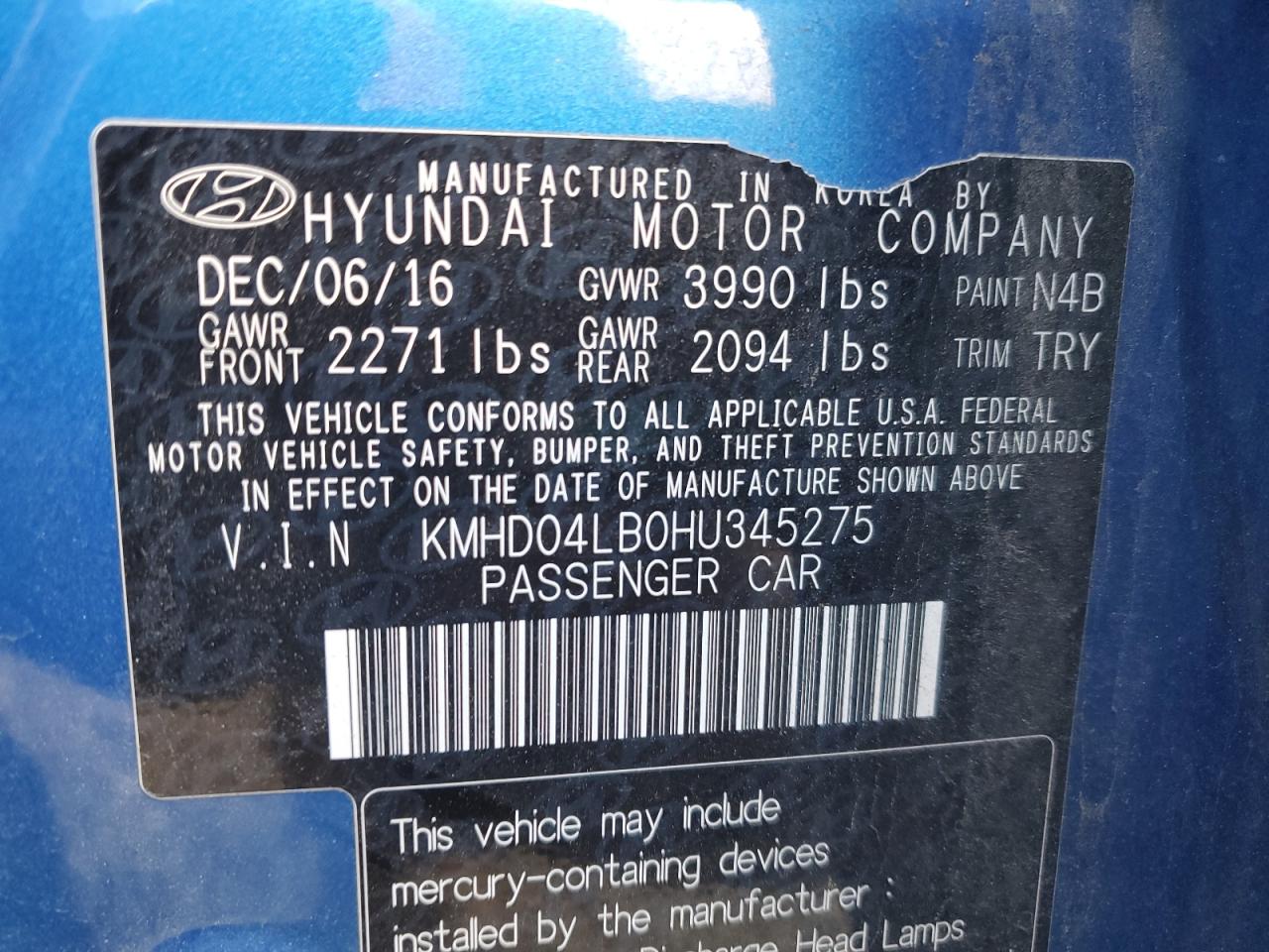 2017 Hyundai Elantra VIN KMHD04LB0HU345275 Copart auction photo, rear end damage thumbnail 13
