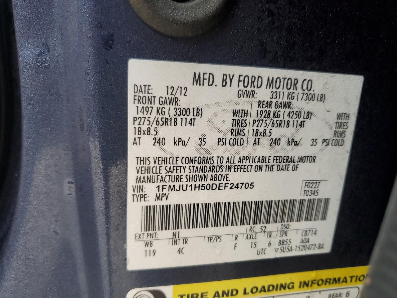 2013 Ford Expedition VIN 1FMJU1H50DEF24705 Copart auction photo, rear end / minor dent/scratches damage thumbnail 13