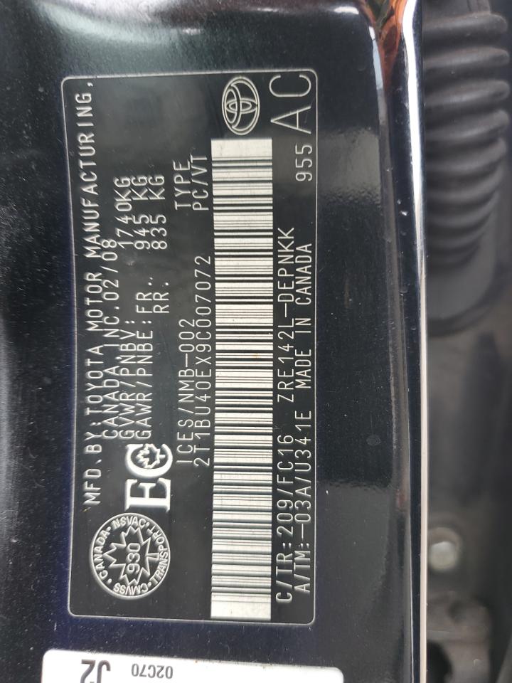 2009 Toyota Corolla VIN 2T1BU40EX9C007072 Copart auction photo, front end / side damage thumbnail 13