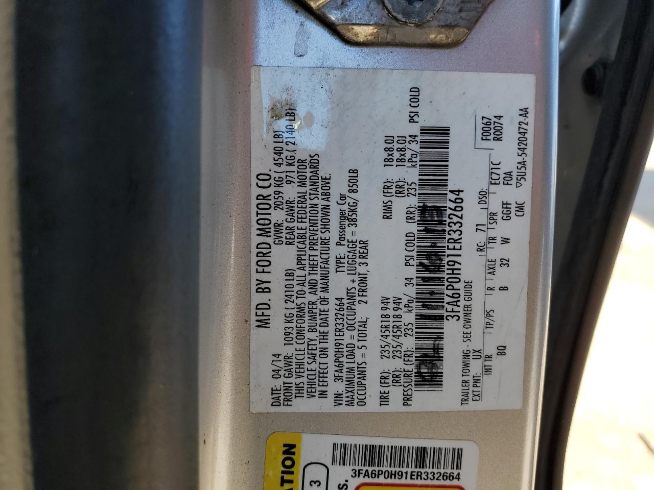 2014 Ford Fusion VIN 3FA6P0H91ER332664 Copart auction photo, rear end damage thumbnail 13