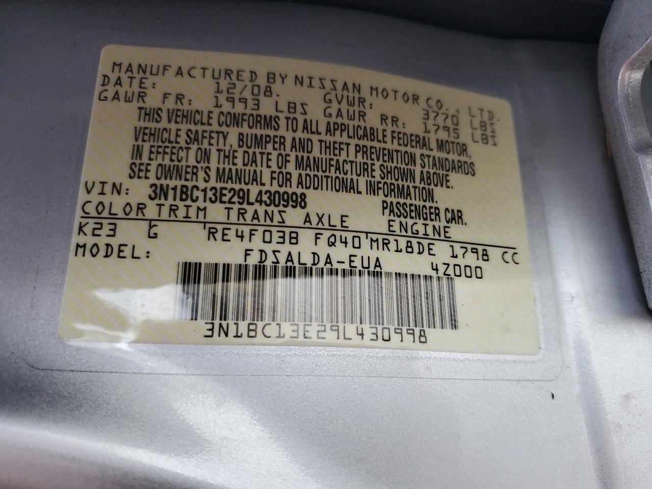 2009 Nissan Versa VIN 3N1BC13E29L430998 Copart auction photo, all over / mechanical damage thumbnail 14
