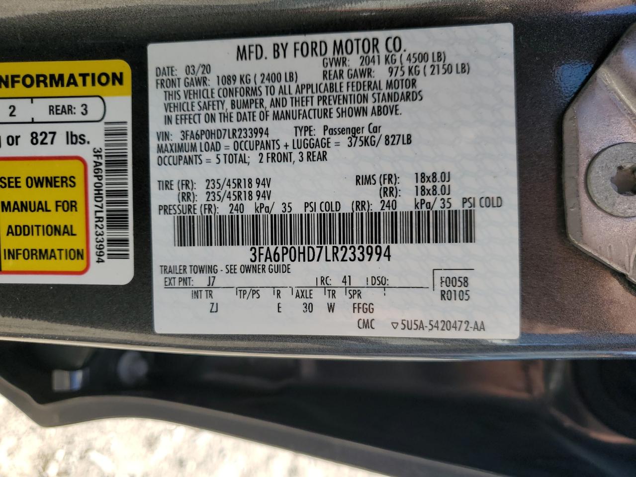 2020 Ford Fusion VIN 3FA6P0HD7LR233994 Copart auction photo, front end / side damage thumbnail 14