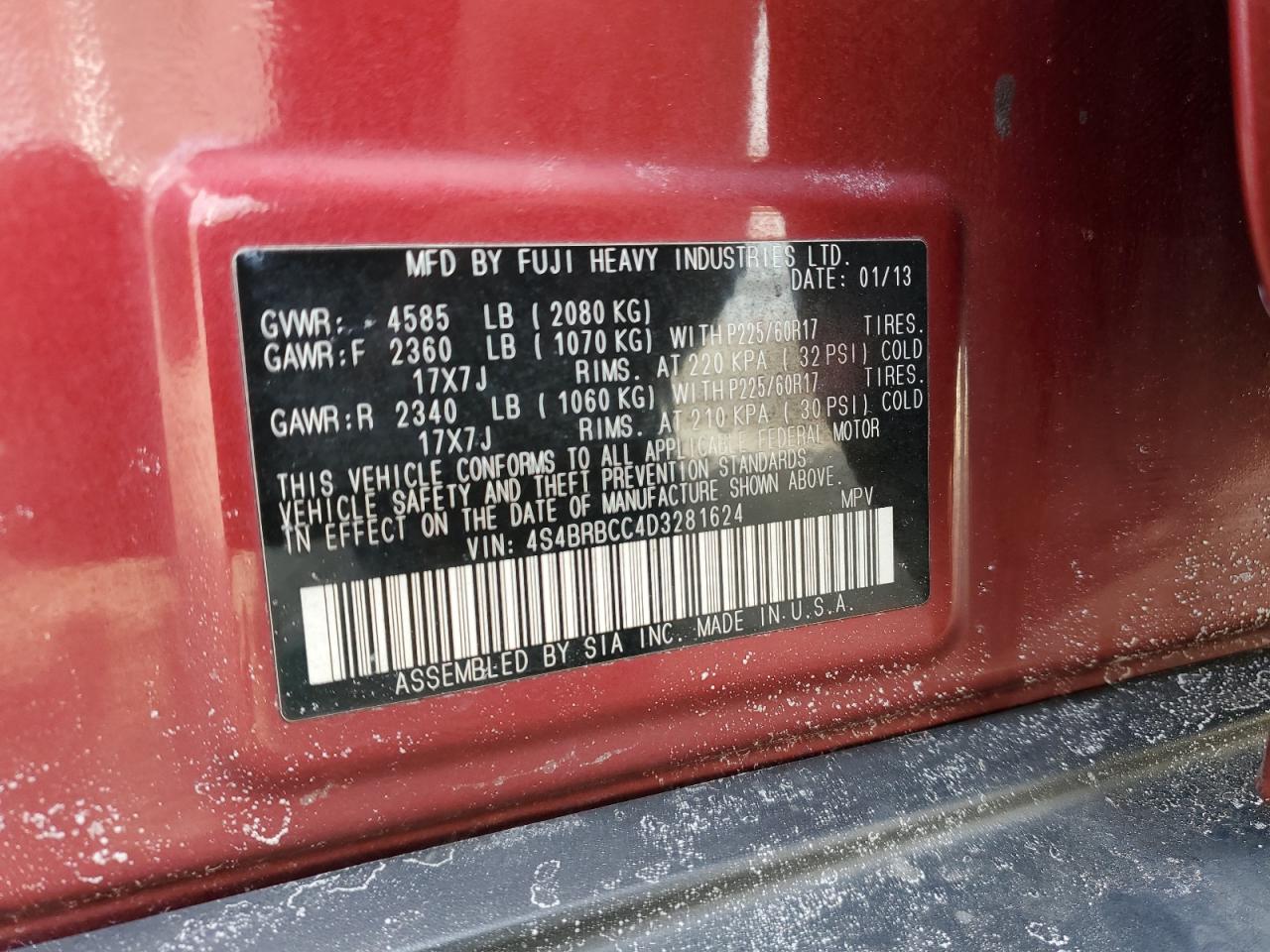 2013 Subaru Outback VIN 4S4BRBCC4D3281624 Copart auction photo, rear end damage thumbnail 13