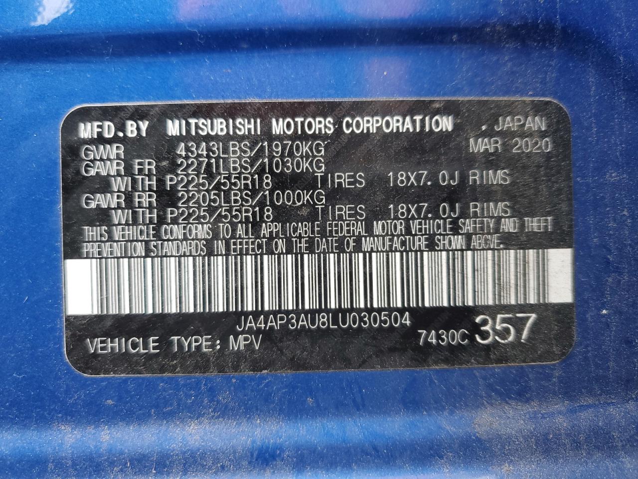 2020 Mitsubishi Outlander VIN JA4AP3AU8LU030504 Copart auction photo, side / rear end damage thumbnail 13