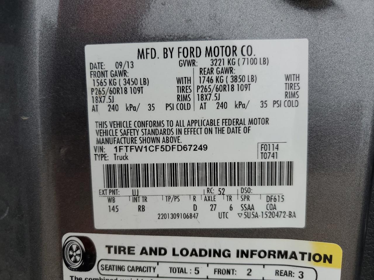 2013 Ford F-150 VIN 1FTFW1CF5DFD67249 Copart auction photo, front end damage thumbnail 13