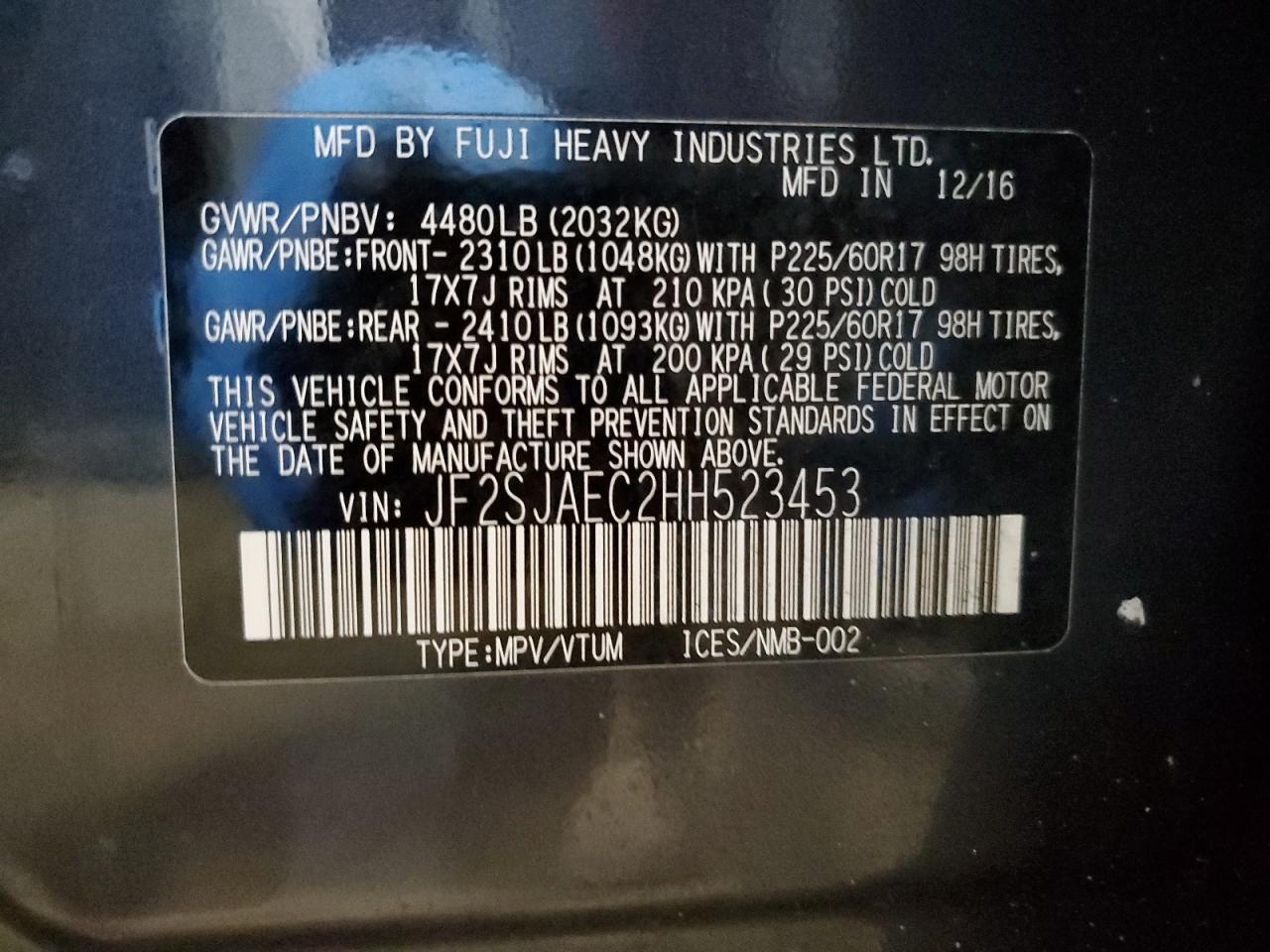 2017 Subaru Forester VIN JF2SJAEC2HH523453 Copart auction photo, front end damage thumbnail 14