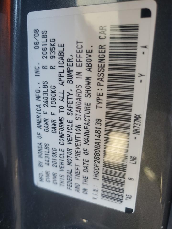 2008 Honda Accord VIN 1HGCP26808A148139 Copart auction photo, front end damage thumbnail 13