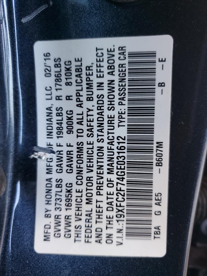 2016 Honda Civic VIN 19XFC2F74GE031612 Copart auction photo, front end / minor dent/scratches damage thumbnail 12