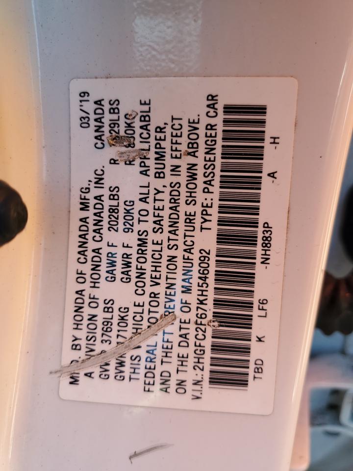 2019 Honda Civic VIN 2HGFC2F67KH546092 Copart auction photo, front end / rear end damage thumbnail 12