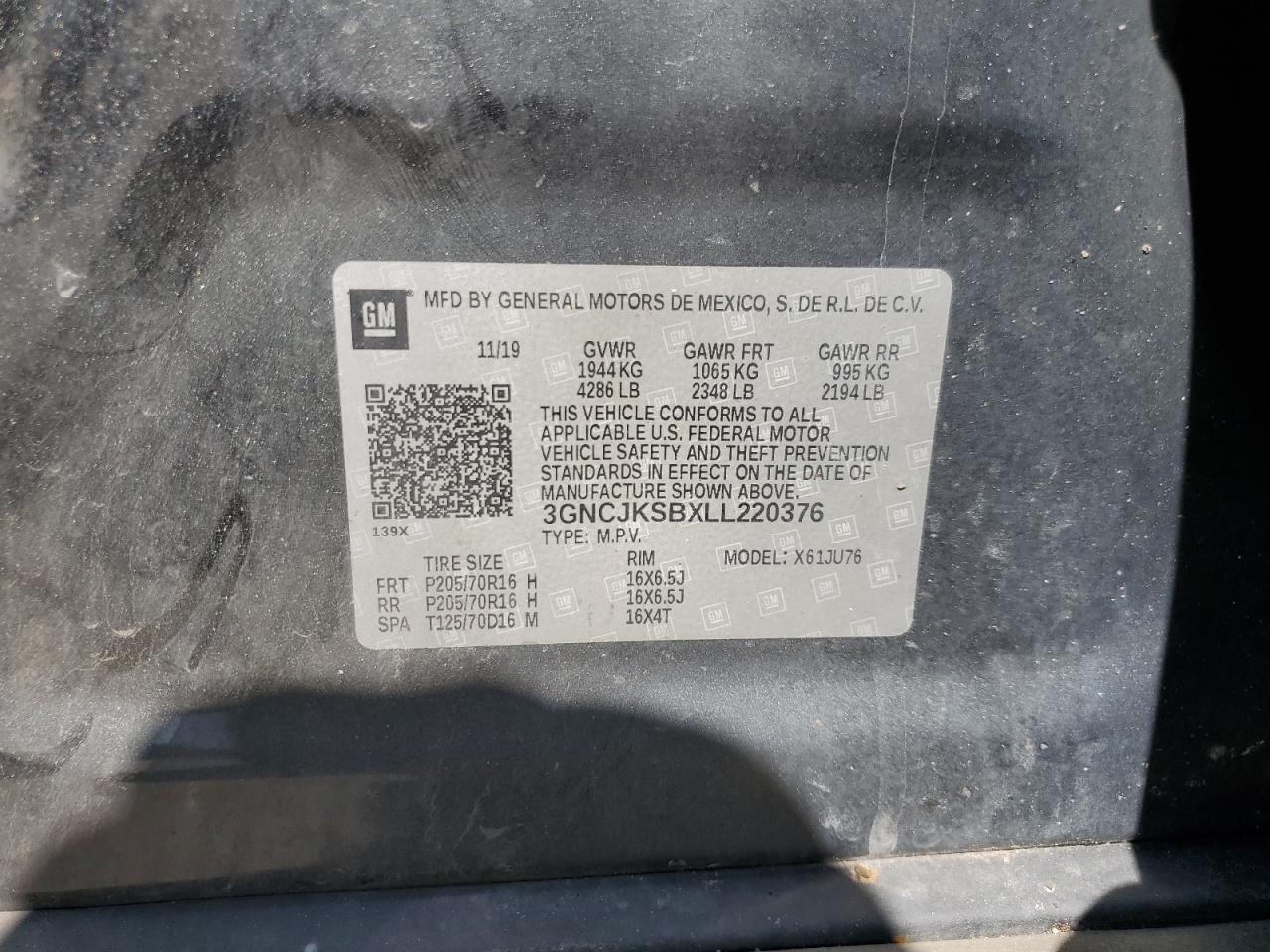2020 Chevrolet Trax VIN 3GNCJKSBXLL220376 Copart auction photo, side / front end damage thumbnail 13