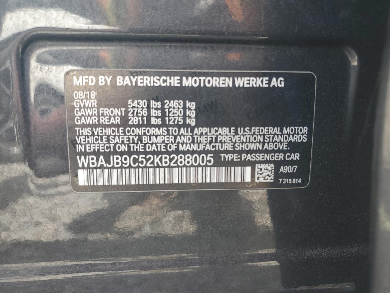 2019 BMW M5 VIN WBAJB9C52KB288005 Copart auction photo, side damage thumbnail 12