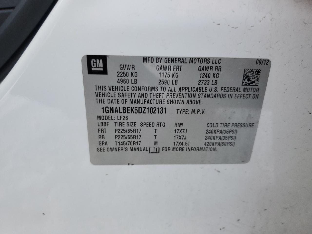 2013 Chevrolet Equinox VIN 1GNALBEK5DZ102131 Copart auction photo, front end / minor dent/scratches damage thumbnail 13