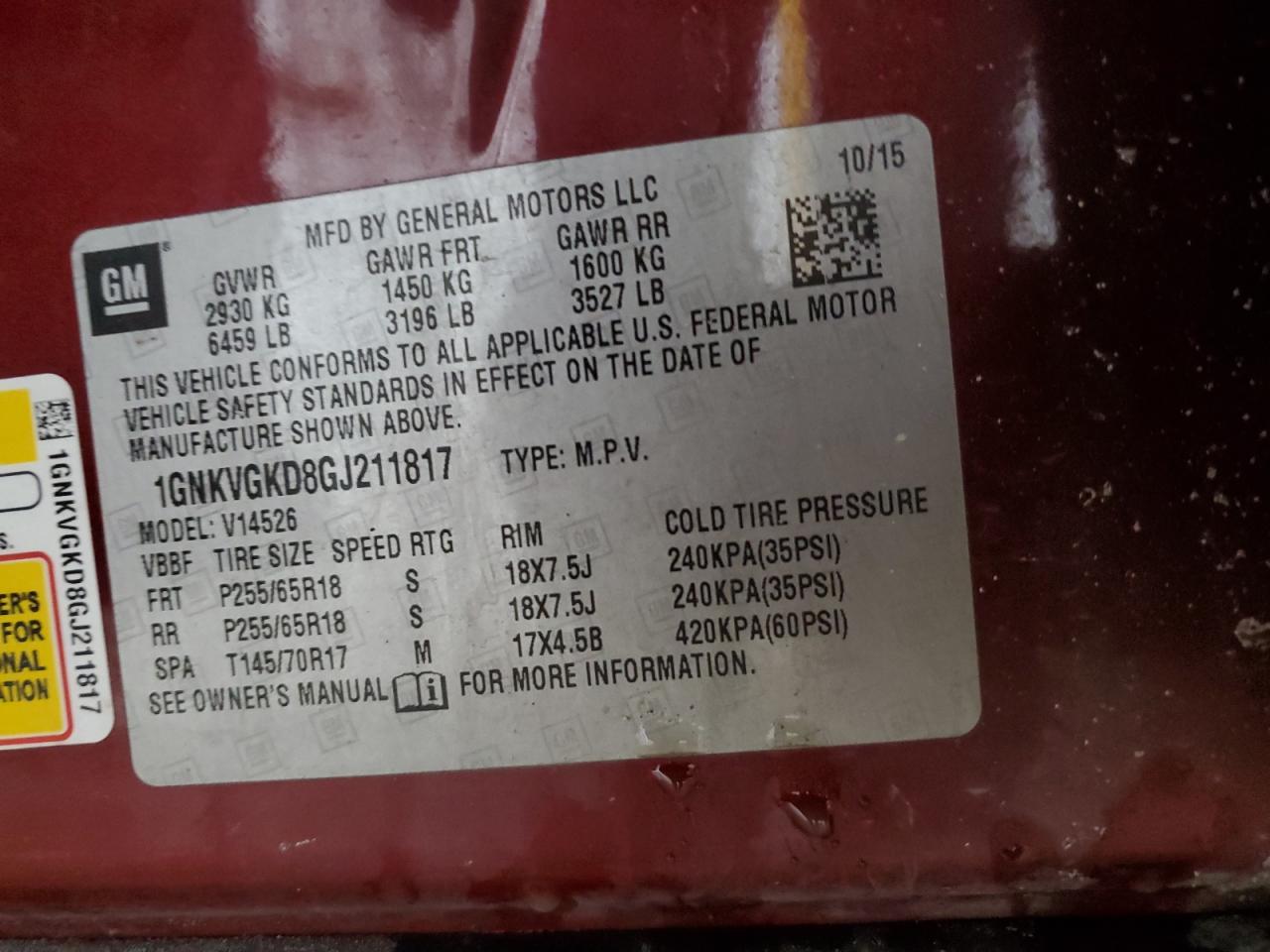 2016 Chevrolet Traverse VIN 1GNKVGKD8GJ211817 Copart auction photo, mechanical damage thumbnail 13