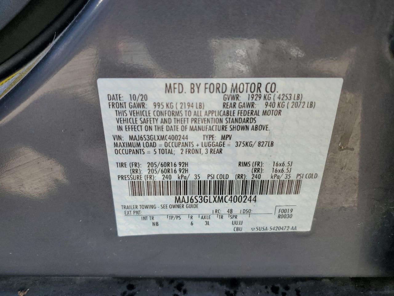 2021 Ford EcoSport VIN MAJ6S3GLXMC400244 Copart auction photo, front end damage thumbnail 13