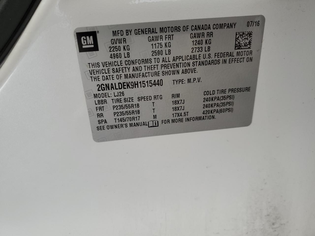 2017 Chevrolet Equinox VIN 2GNALDEK9H1515440 Copart auction photo, rear end damage thumbnail 13