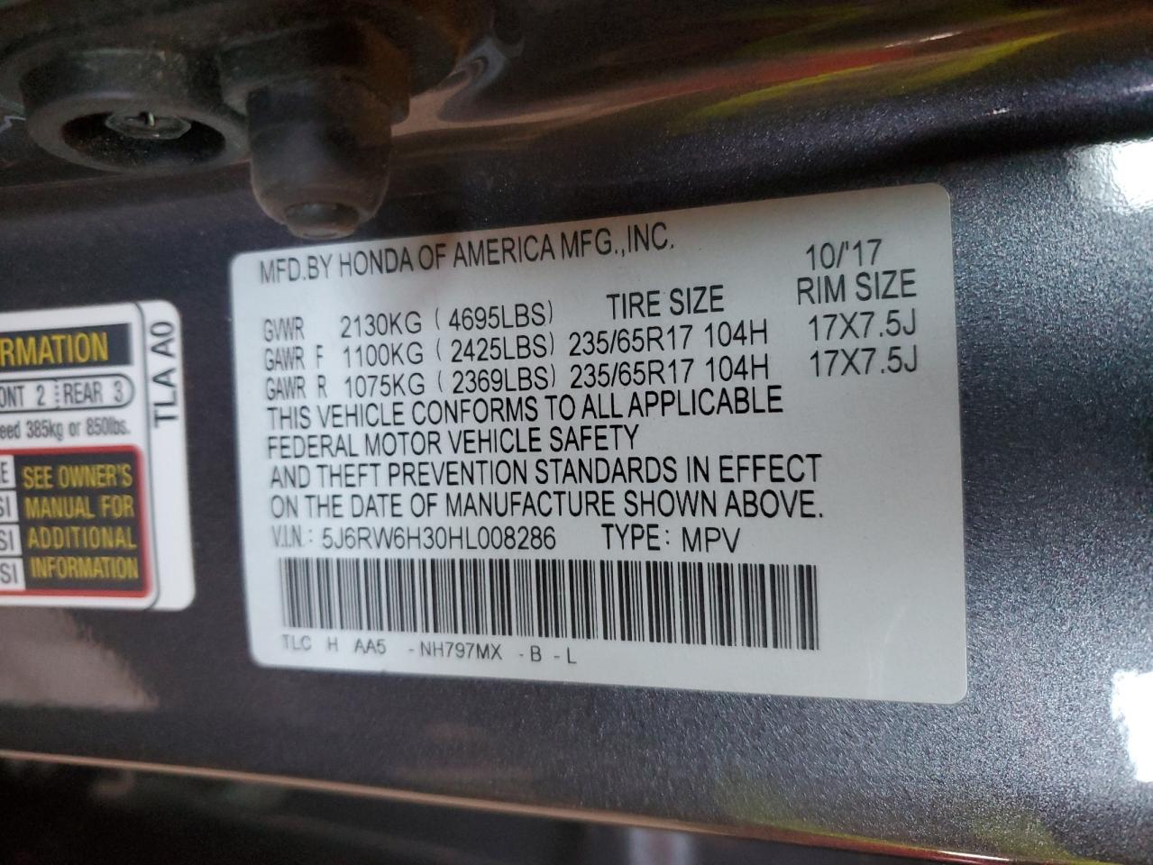2017 Honda CR-V VIN 5J6RW6H30HL008286 Copart auction photo, front end damage thumbnail 16