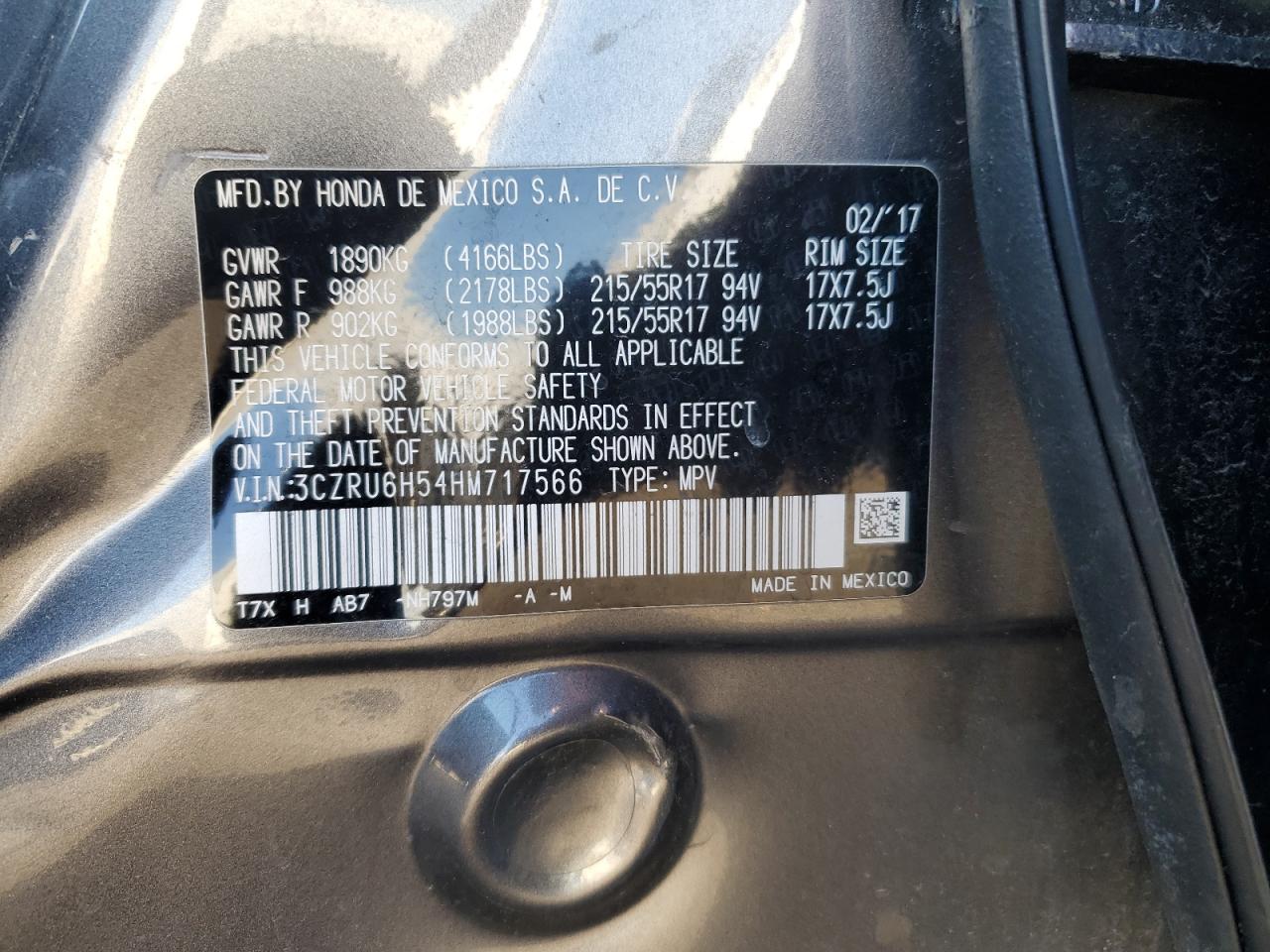 2017 Honda HR-V VIN 3CZRU6H54HM717566 Copart auction photo, side / rear end damage thumbnail 13
