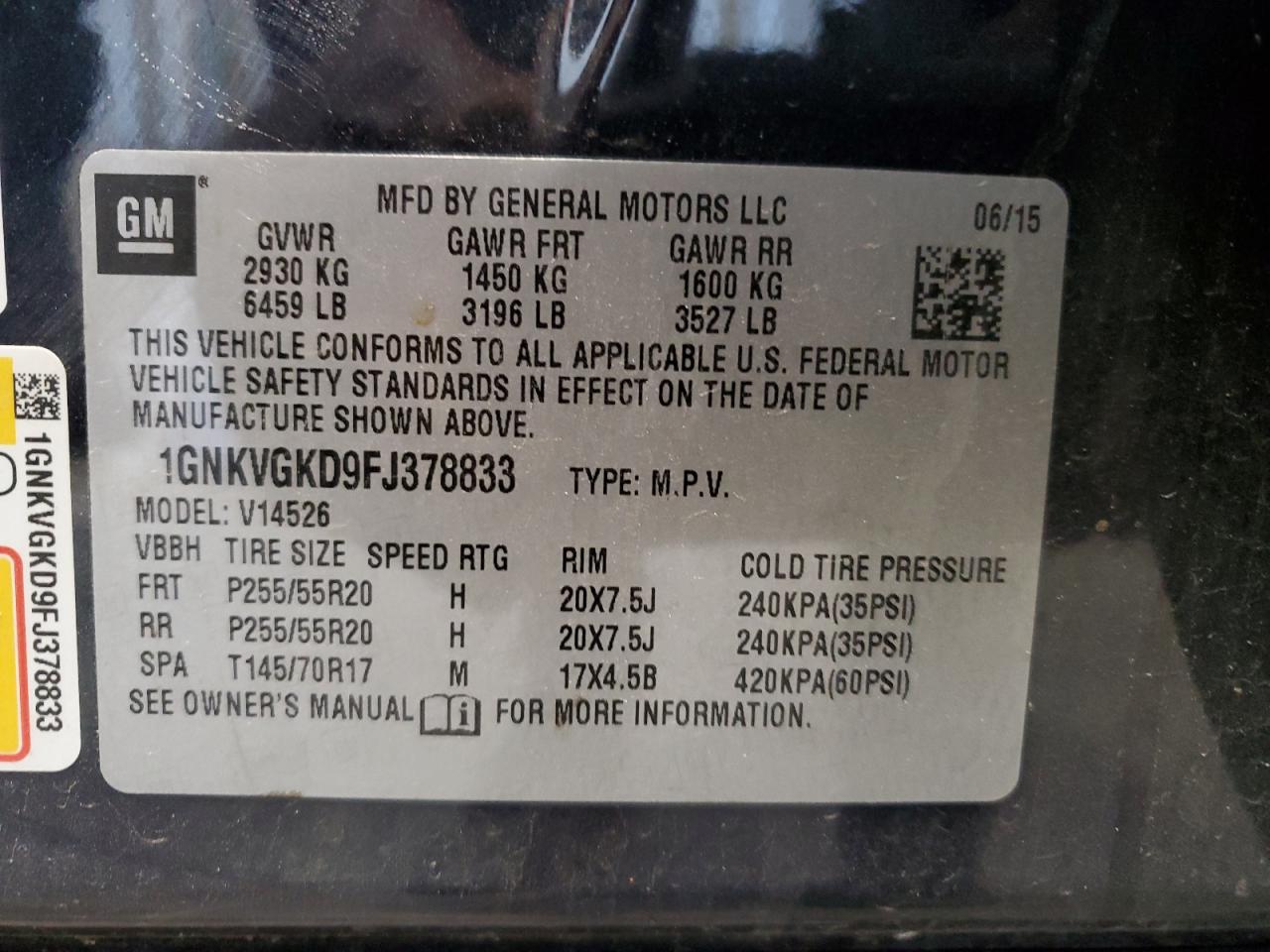 2015 Chevrolet Traverse VIN 1GNKVGKD9FJ378833 Copart auction photo, front end / side damage thumbnail 15