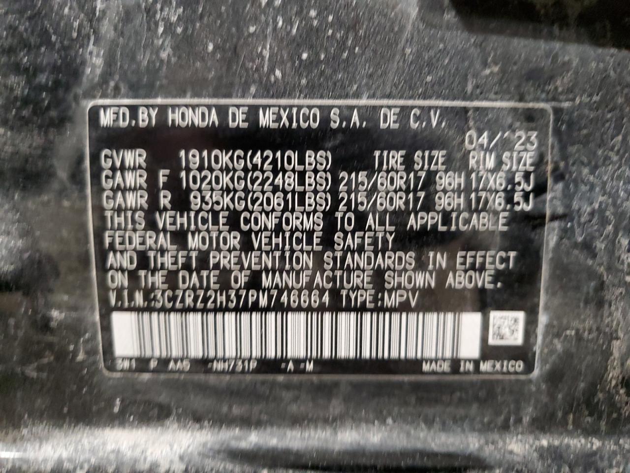 2023 Honda HR-V VIN 3CZRZ2H37PM746664 Copart auction photo, side / front end damage thumbnail 13
