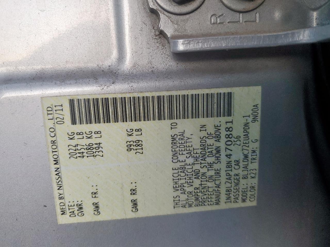2011 Nissan Altima VIN 1N4BL2AP1BN470881 Copart auction photo, rear end / minor dent/scratches damage thumbnail 13