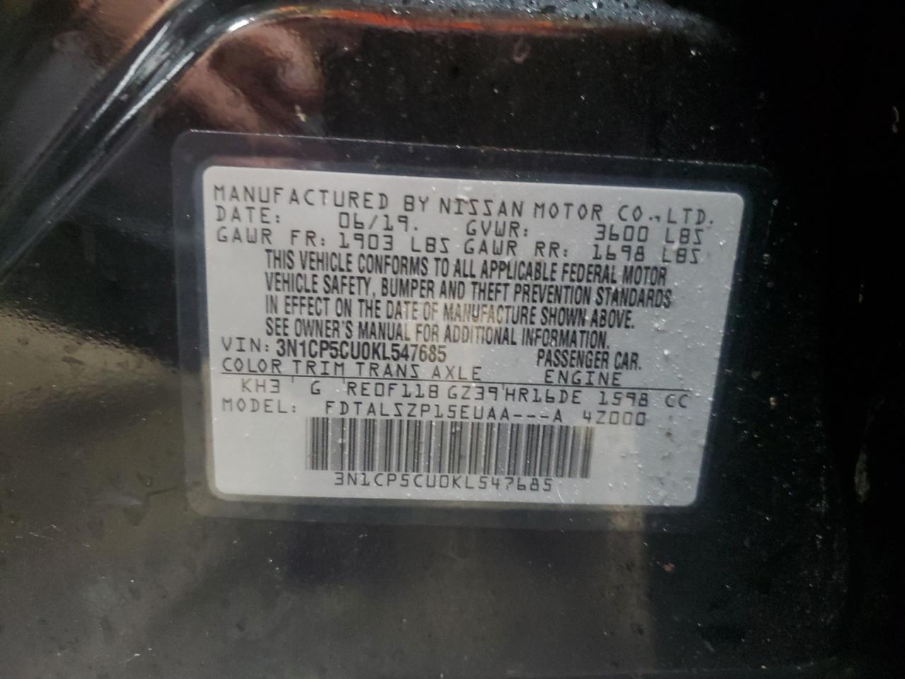 2019 Nissan Kicks VIN 3N1CP5CU0KL547685 Copart auction photo, front end / side damage thumbnail 13