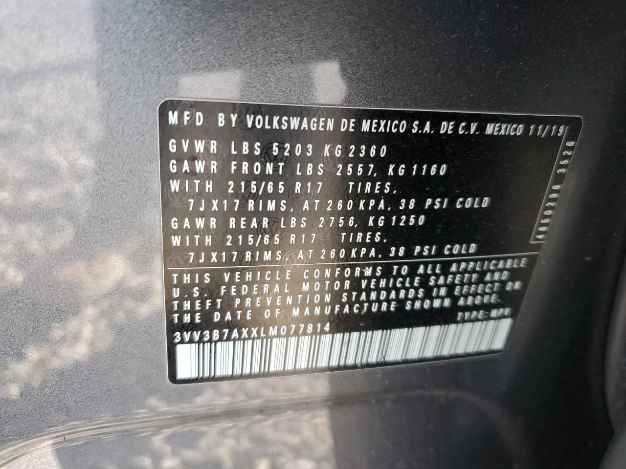 2020 Volkswagen Tiguan VIN 3VV3B7AXXLM077814 Copart auction photo, front end damage thumbnail 15