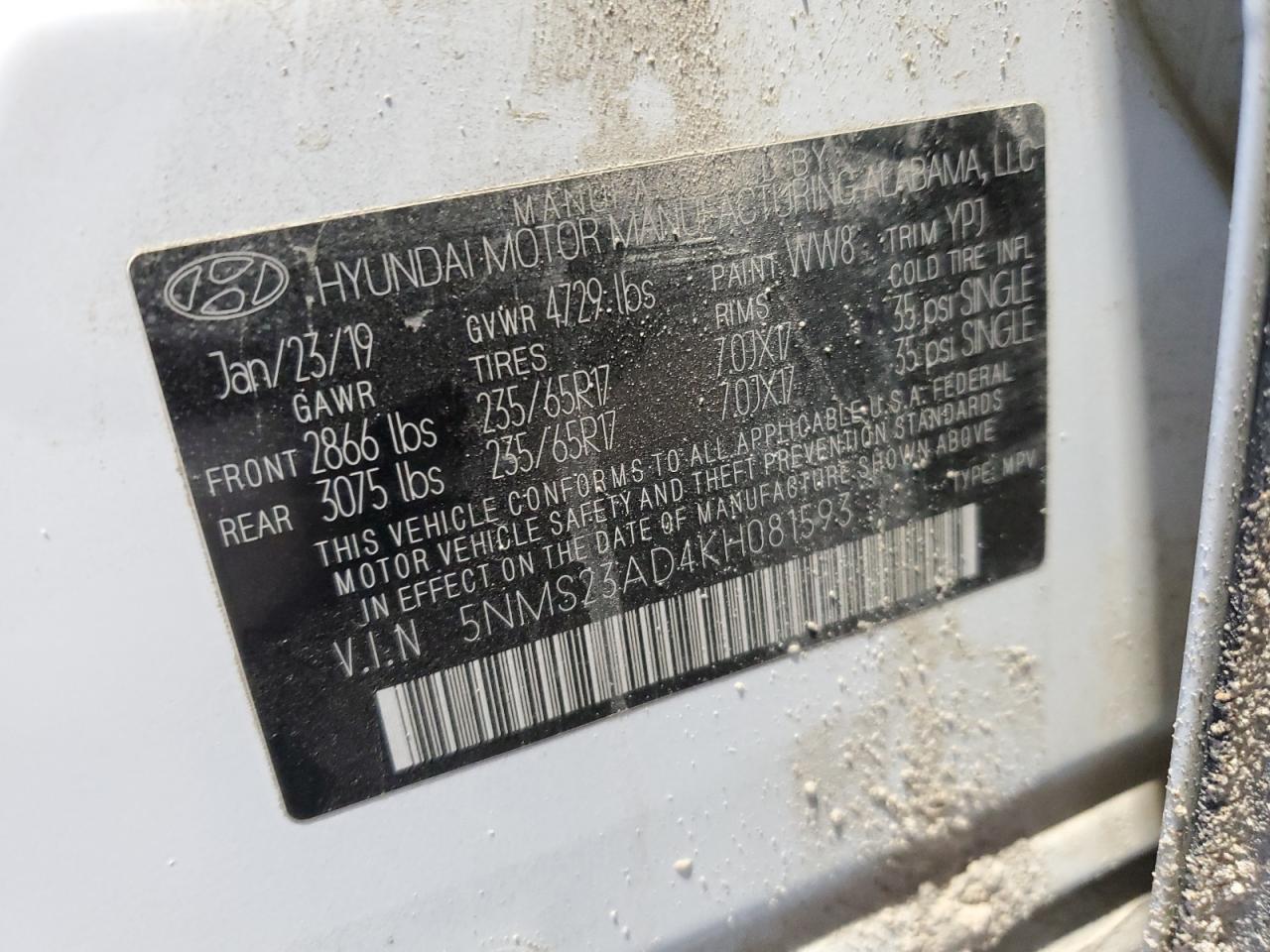 2019 Hyundai Santa Fe VIN 5NMS23AD4KH081593 Copart auction photo, hail / minor dent/scratches damage thumbnail 13