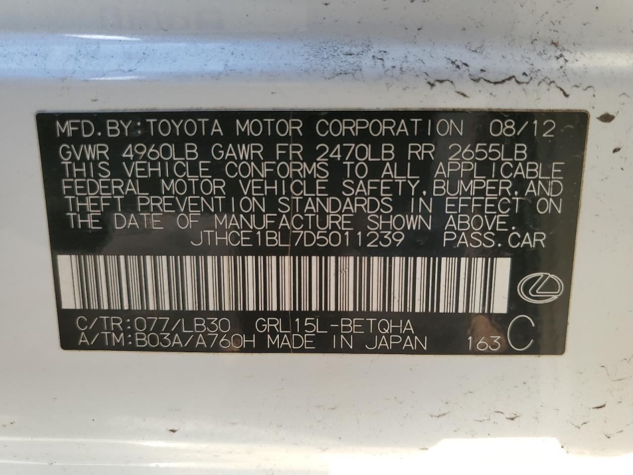 2013 Lexus GS VIN JTHCE1BL7D5011239 Copart auction photo, side / top/roof damage thumbnail 12