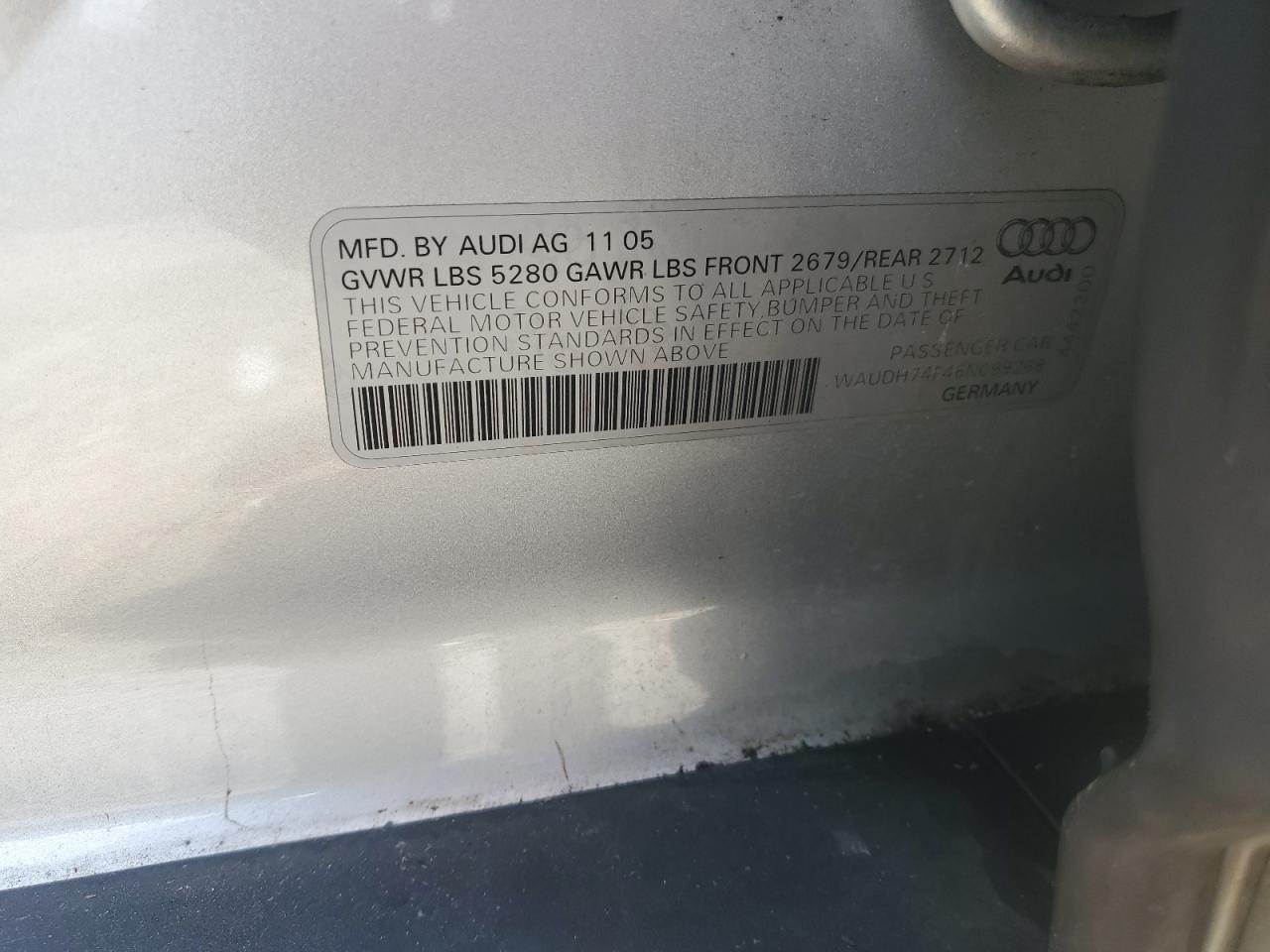 2006 Audi A6 VIN WAUDH74F46N099268 Copart auction photo, water/flood damage thumbnail 13