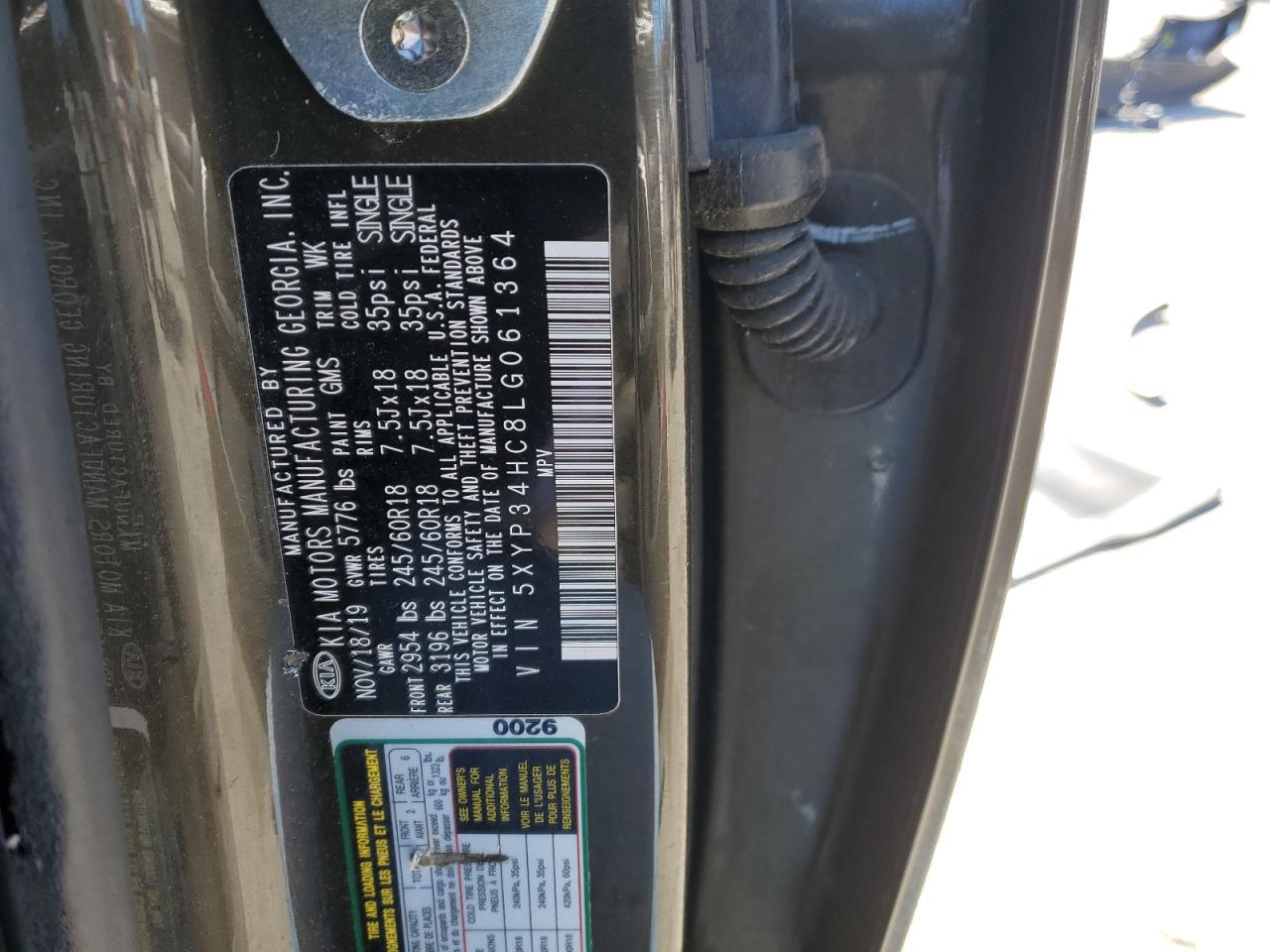 2020 KIA Telluride VIN 5XYP34HC8LG061364 Copart auction photo, front end / side damage thumbnail 16