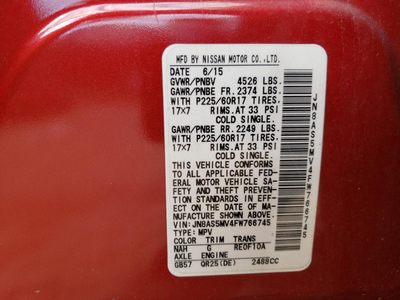 2015 Nissan Rogue VIN JN8AS5MV4FW766745 Copart auction photo, front end / minor dent/scratches damage thumbnail 14