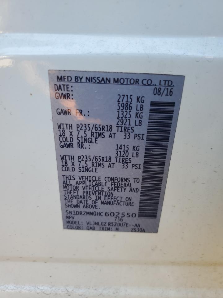 2017 Nissan Pathfinder VIN 5N1DR2MM0HC602550 Copart auction photo, side / front end damage thumbnail 15