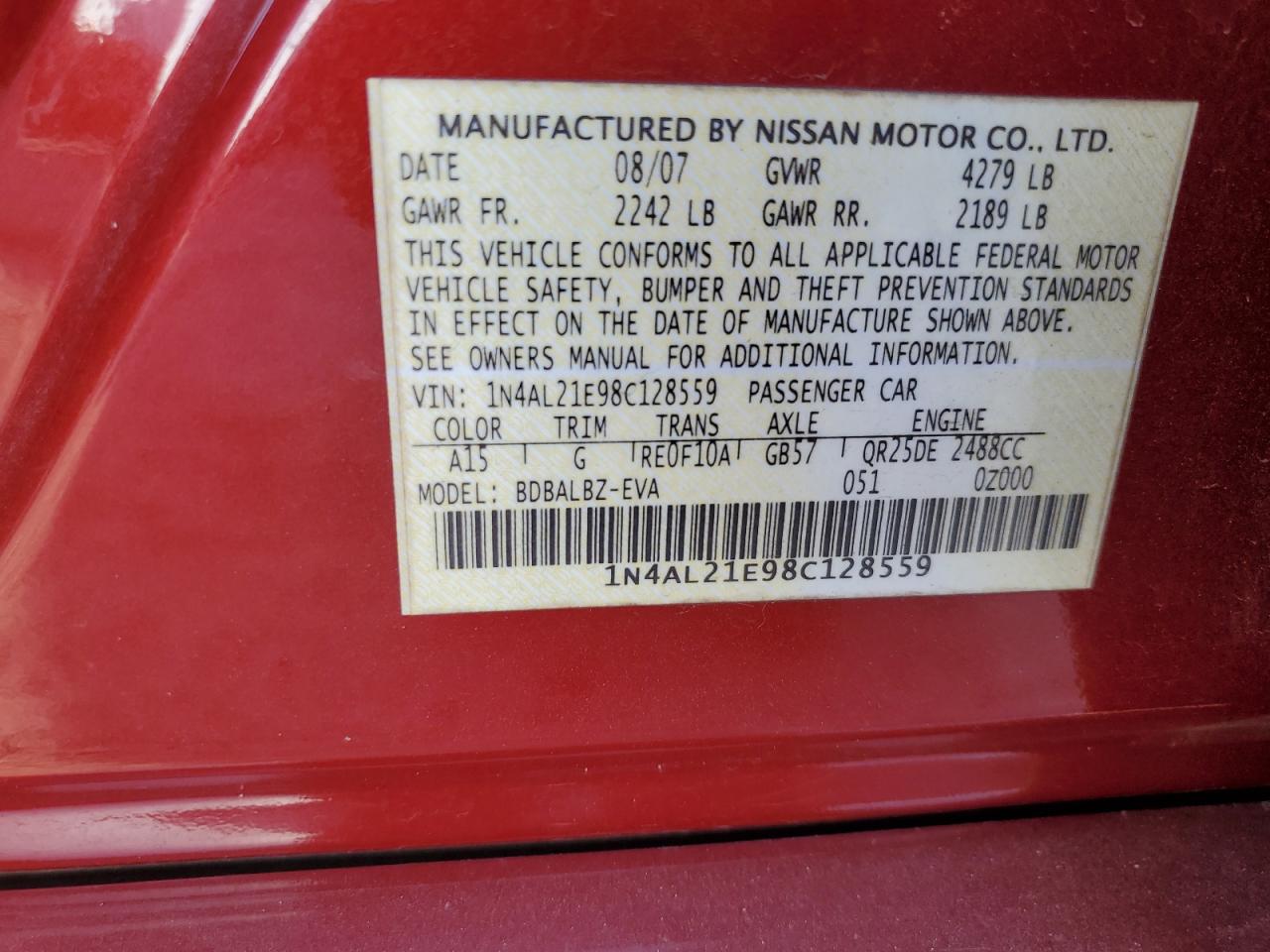 2008 Nissan Altima VIN 1N4AL21E98C128559 Copart auction photo, rear end damage thumbnail 15