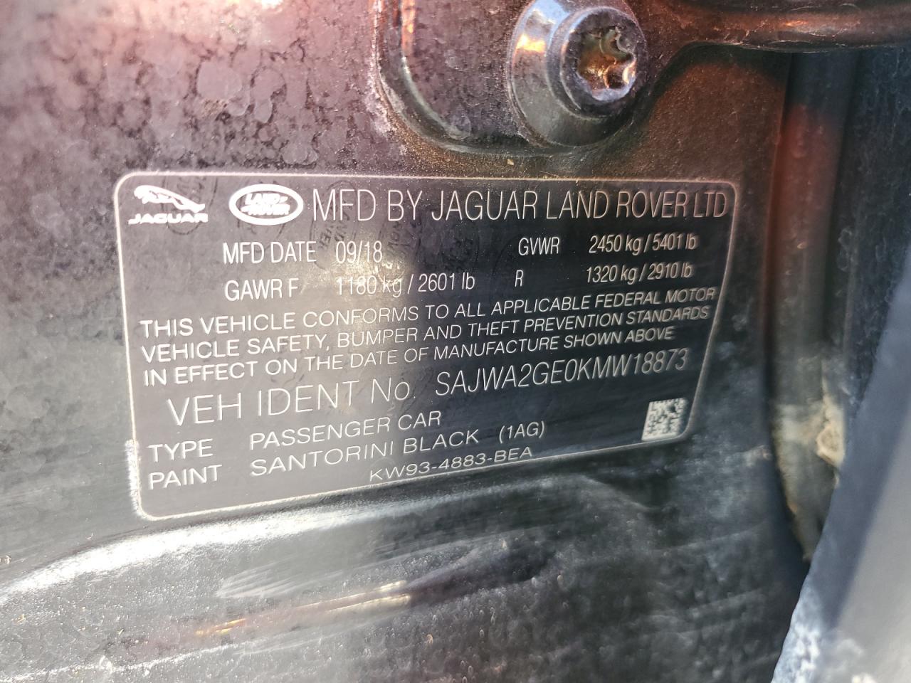 2019 Jaguar XJ VIN SAJWA2GE0KMW18873 Copart auction photo, water/flood damage thumbnail 13