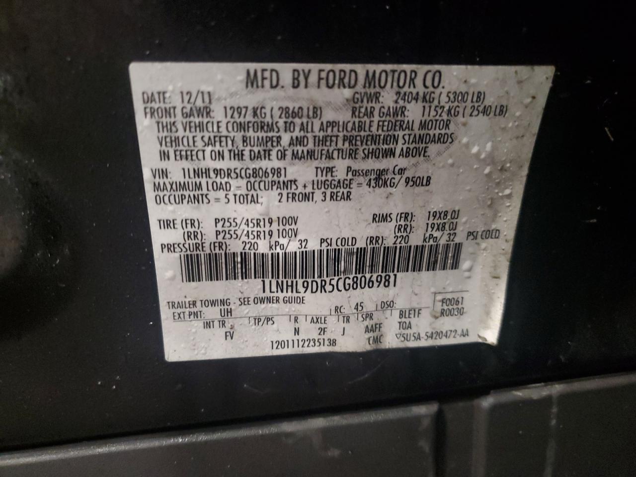 2012 Lincoln MKS VIN 1LNHL9DR5CG806981 Copart auction photo, front end damage thumbnail 13